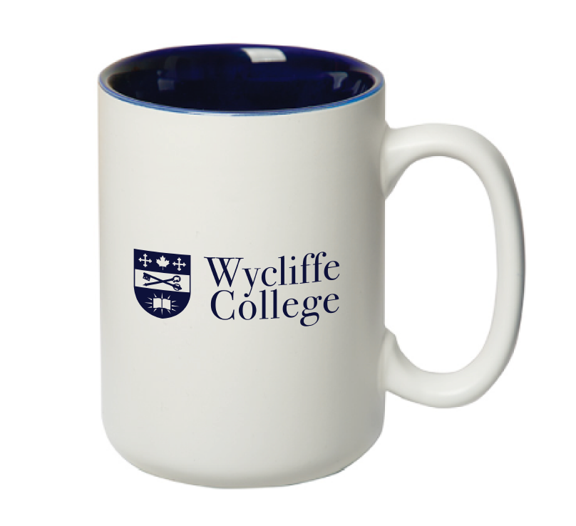 White and Blue Wycliffe College Mug
