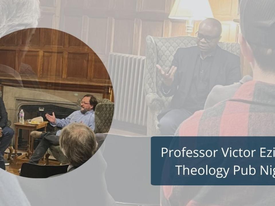 Steve Hewko and Victor Ezibgo sit in chairs in the Reading Room before unlit fireplace with backs of heads of audience in foreground