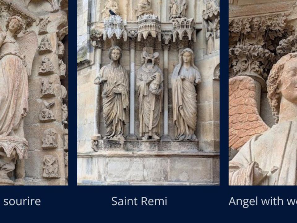 photos of stone angels and saints in cathedral wall in France 
