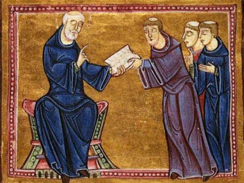 St. Benedict delivering his rule to the monks of his order rs