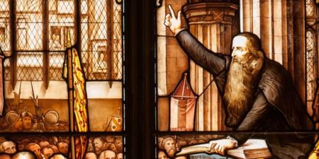 RHS June 2025 art depicting preacher during Reformation days burnt bronze and sepias
