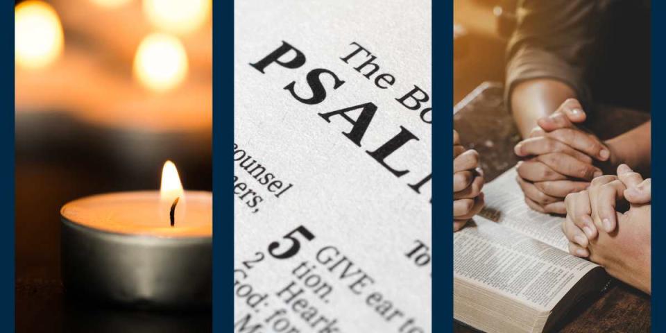 Montage of candles and Bible open to the Psalms