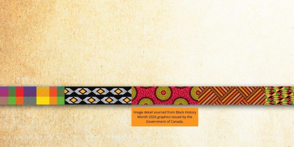 sandy gradient background with stripes of different African cloth at bottom